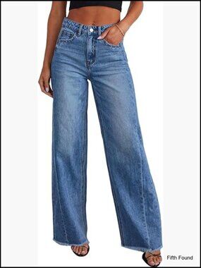 High Waisted Wide Leg Jeans Raw Hem Denim Pants Stretchy